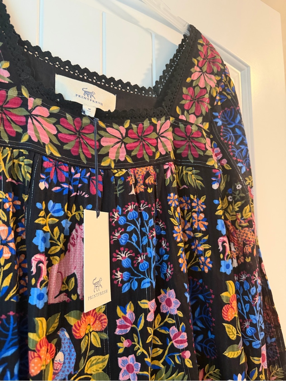 Printfresh Black Midi Dress with Pink, Blue & Green Floral Patchwork - Picture 2 of 4